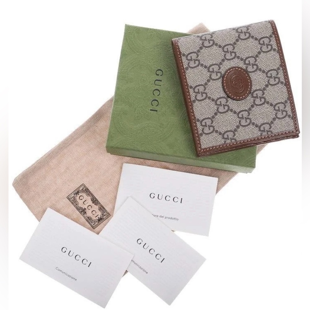 NEW GUCCI MEN'S GG SUPREME CANVAS LEATHER INTERLOKING G LOGO BIFOLD WALLET W/BOX